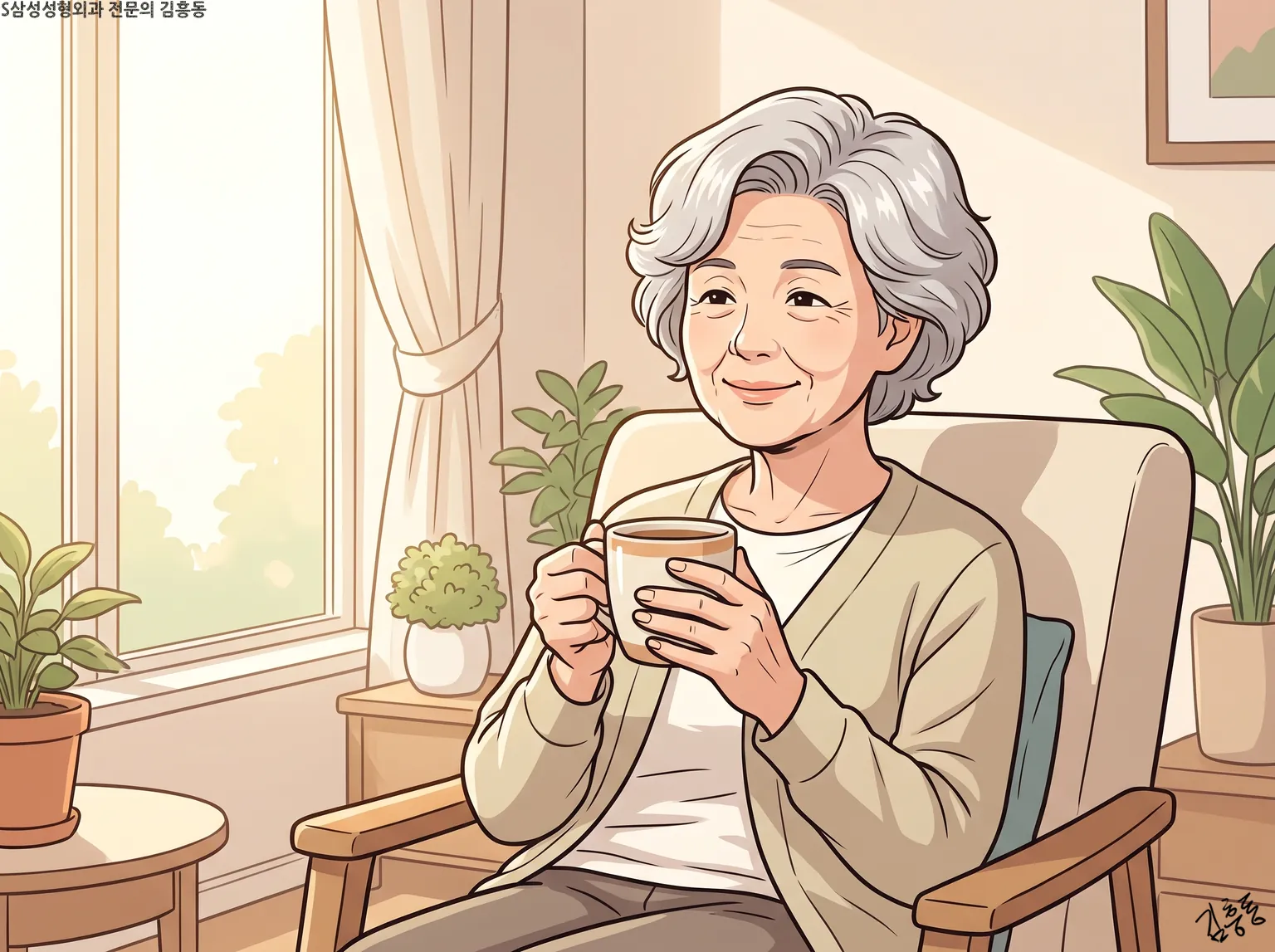 창가 의자에 앉아 찻잔을 두 손으로 들고 있는 흰머리 여성의 모습