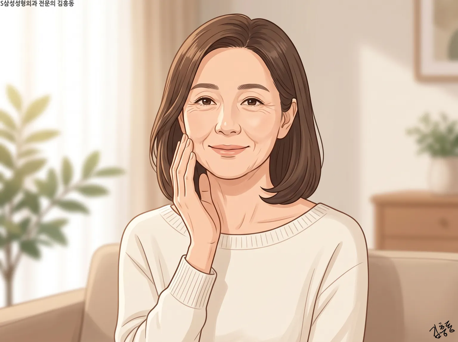 거실 소파에 앉아 한 손을 볼에 가볍게 대고 있는 갈색 단발머리 여성의 모습