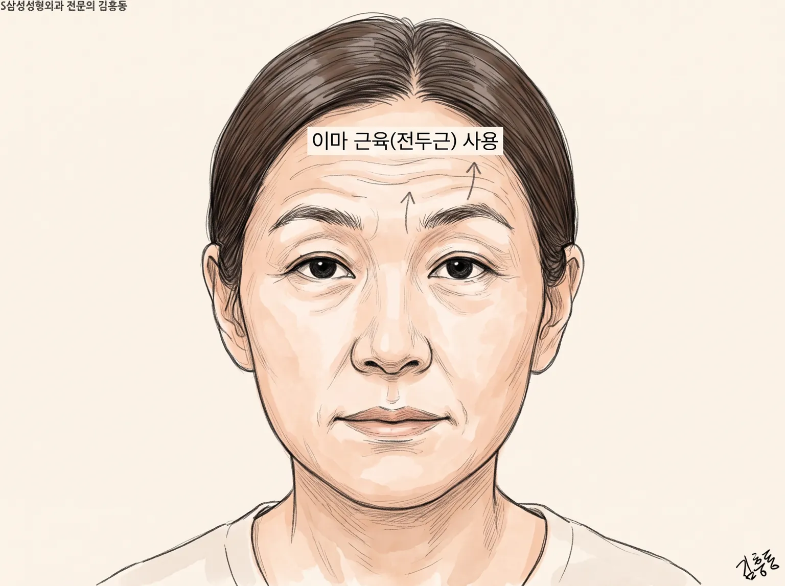 「이마 근육(전두근) 사용」 이름표와 이마에 위로 향한 화살표 두 개가 있는 여성 정면 얼굴 그림