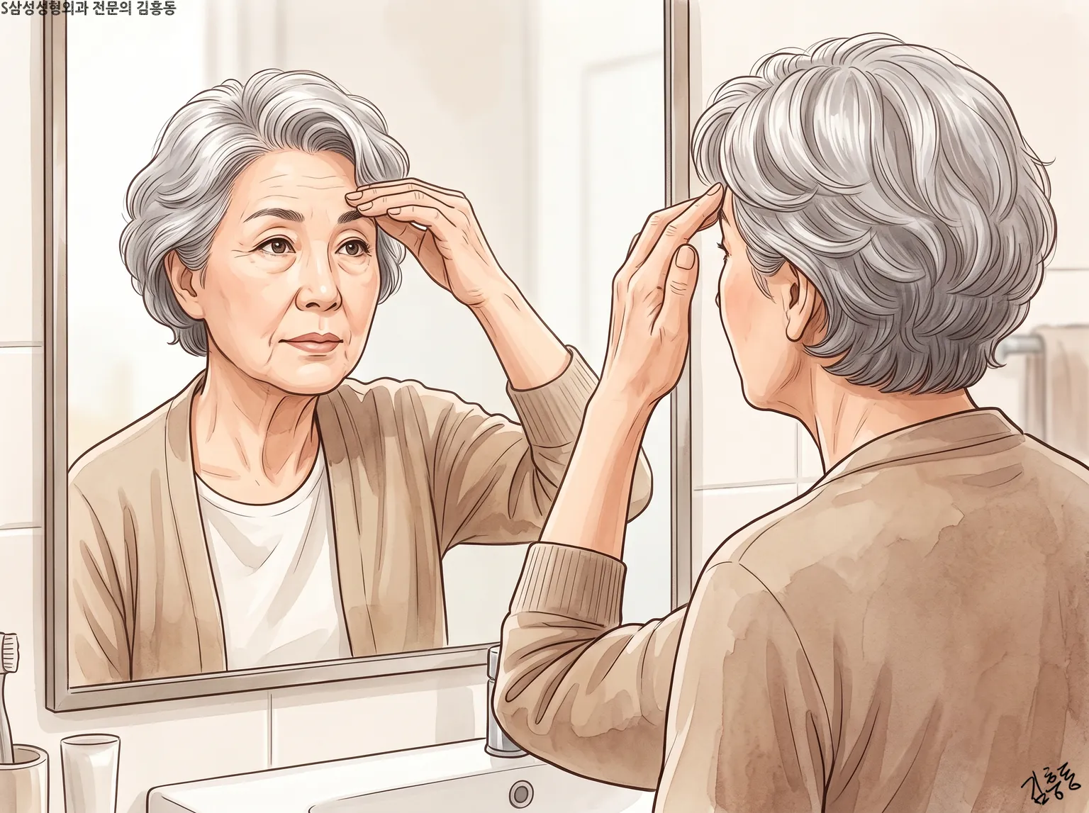 욕실 거울 앞에서 한 손으로 이마를 짚고 거울 속 얼굴을 보는 흰머리 여성의 모습