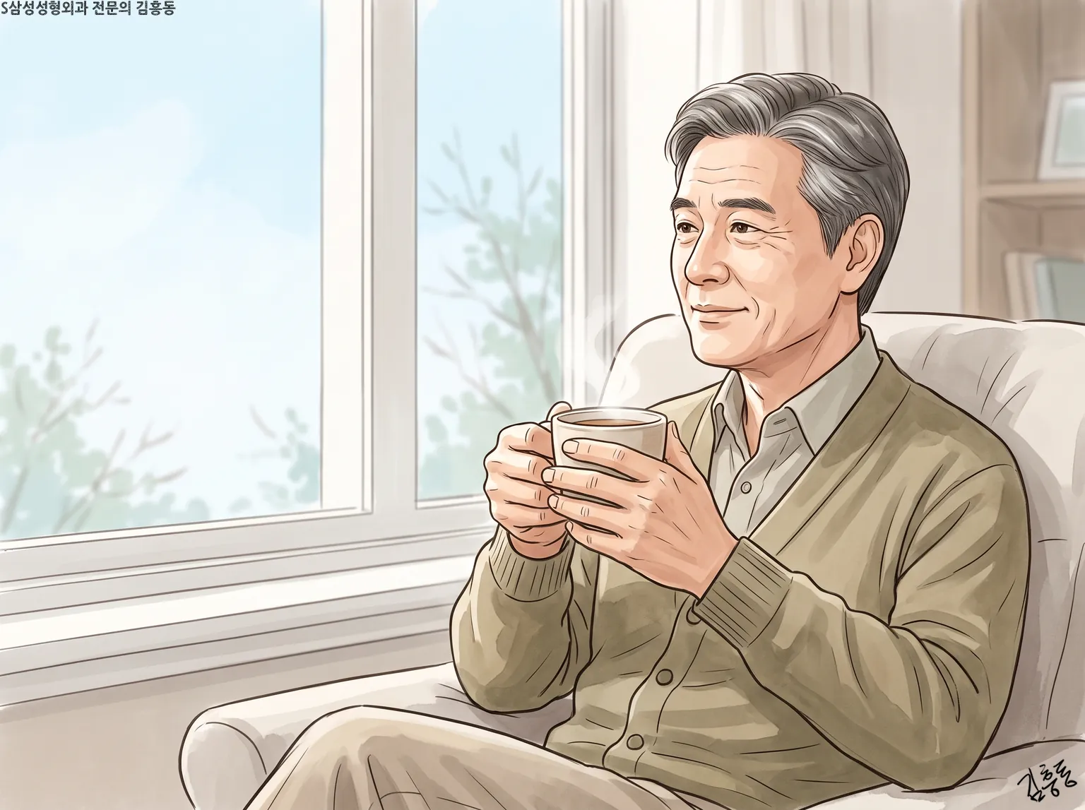 창가 안락의자에 앉아 김이 오르는 찻잔을 두 손으로 든 남성의 모습
