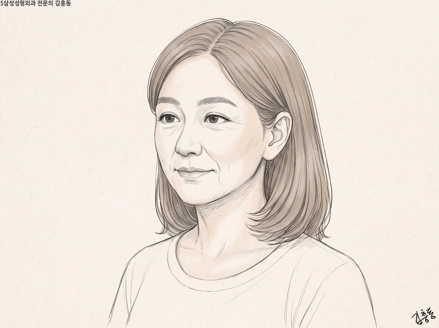 단발머리 여성이 비스듬히 옆을 바라보는 연필 소묘풍 얼굴 그림