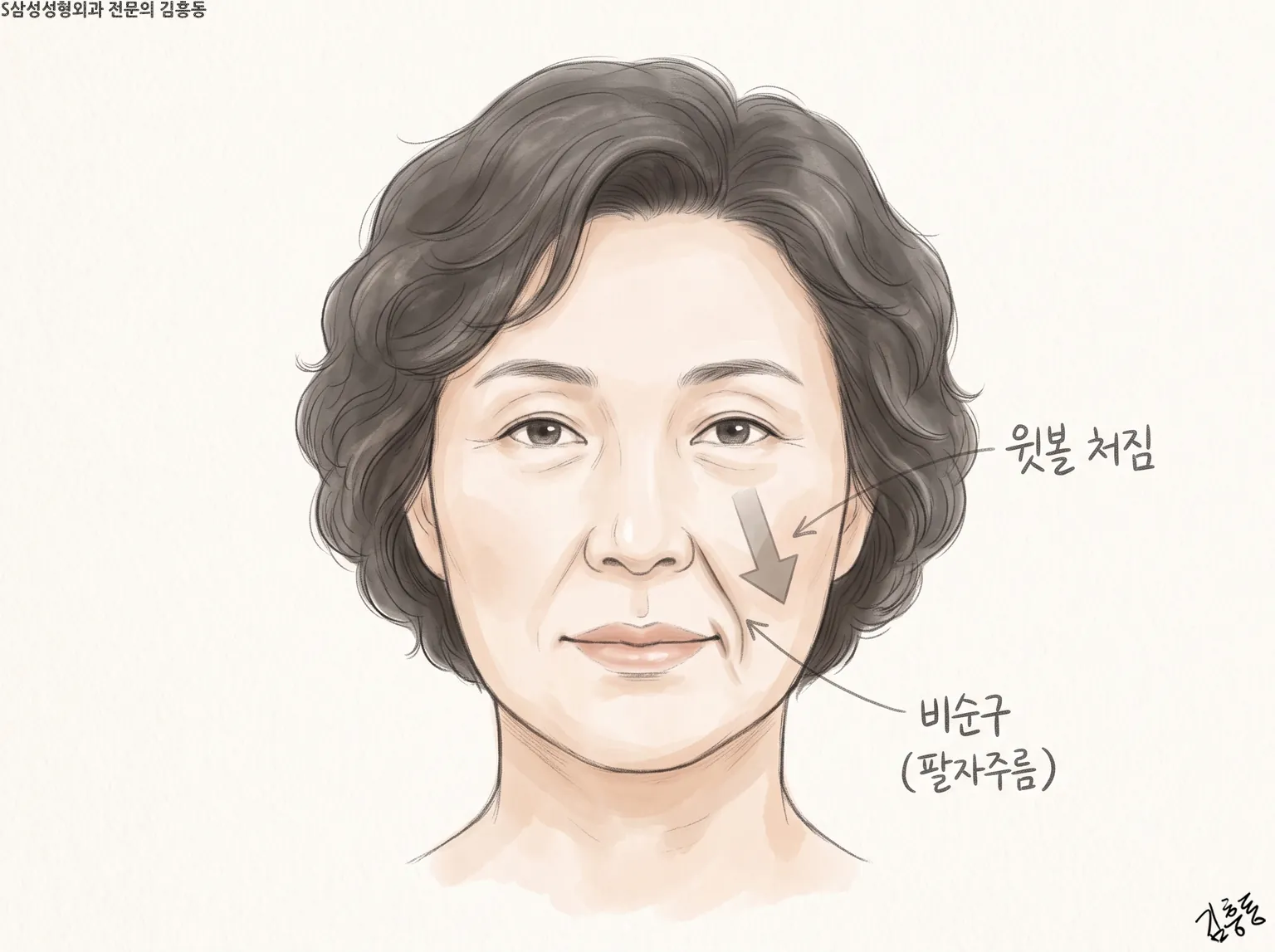 윗볼 처짐과 비순구(팔자주름) 이름표, 볼에 아래로 향한 화살표가 있는 여성 정면 얼굴 그림