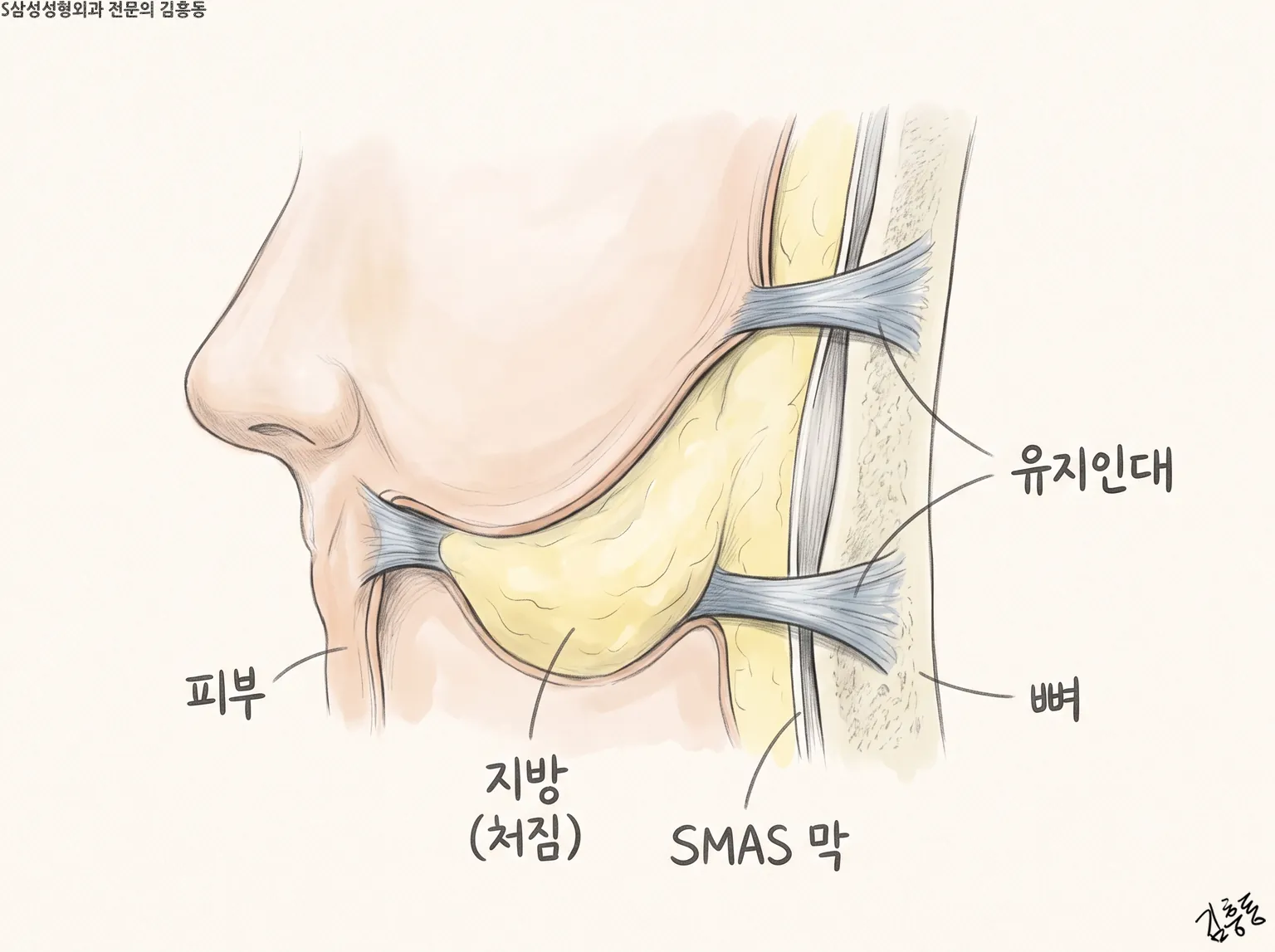 피부 · 지방(처짐) · SMAS 막 · 유지인대 · 뼈 이름표가 붙은 볼 단면 그림
