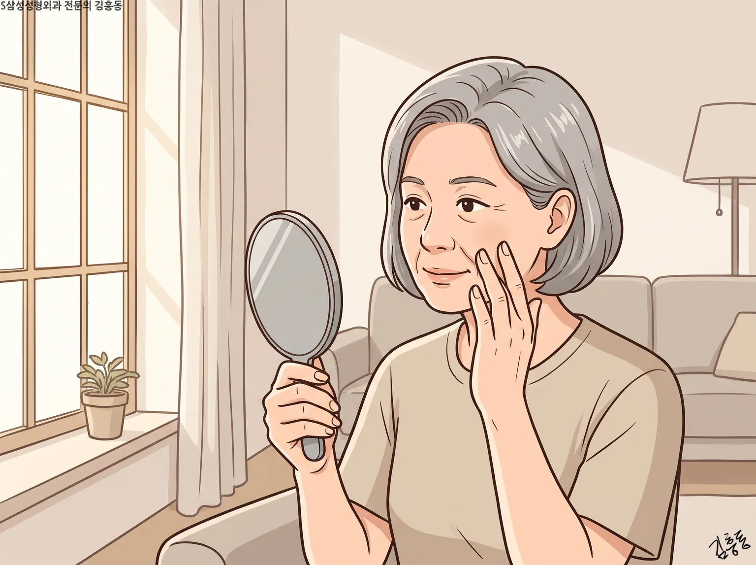 거실에서 손거울을 들고 한 손으로 볼을 짚어 보는 회색 단발머리 여성의 모습