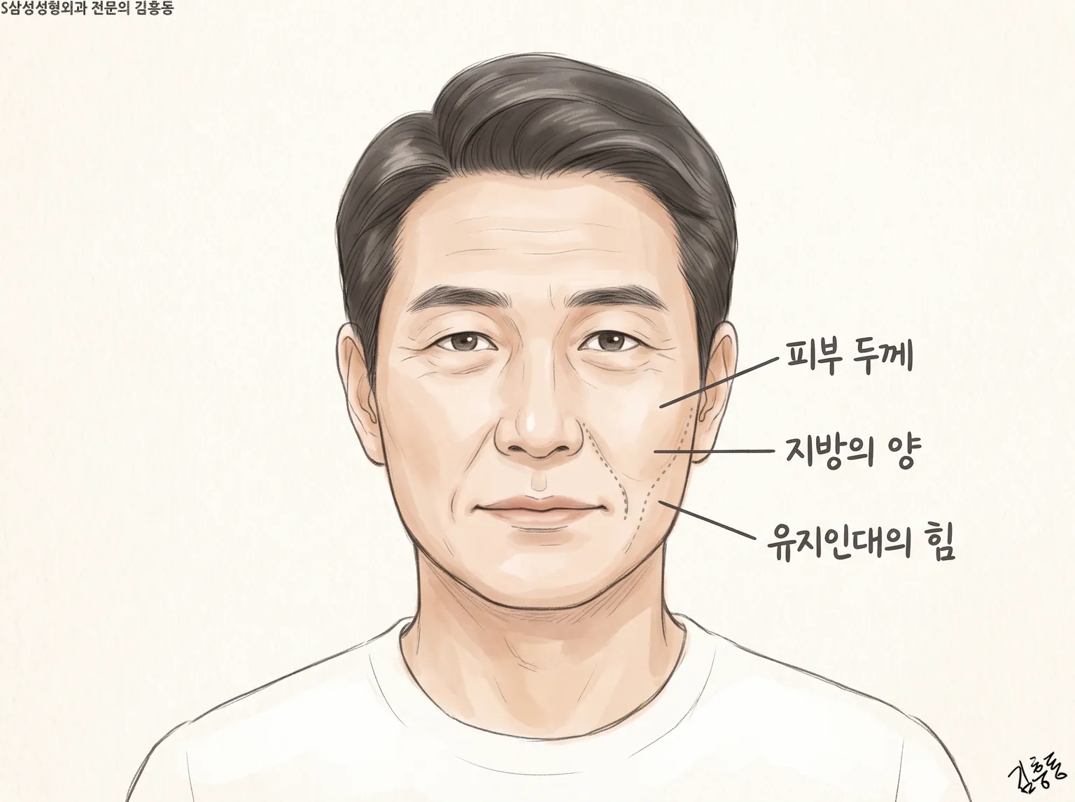 볼에 피부 두께 · 지방의 양 · 유지인대의 힘 이름표를 이은 남성 정면 얼굴 그림