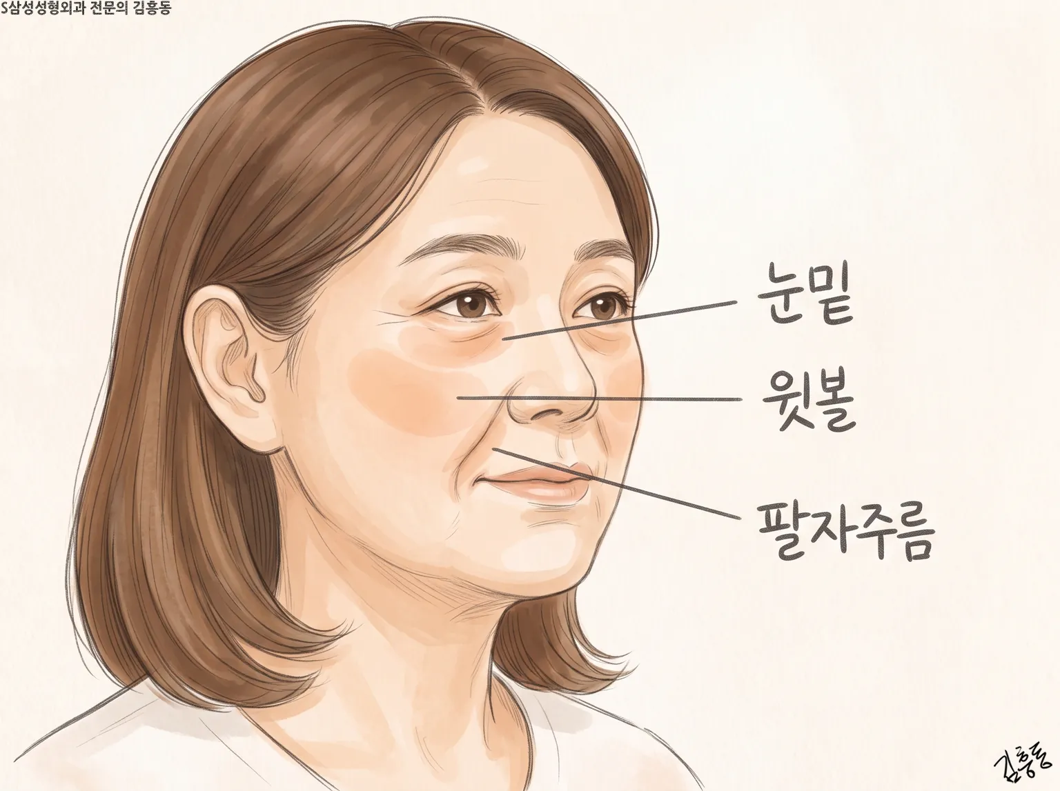 눈밑 · 윗볼 · 팔자주름 세 자리를 선으로 가리킨, 비스듬히 본 여성 얼굴 그림