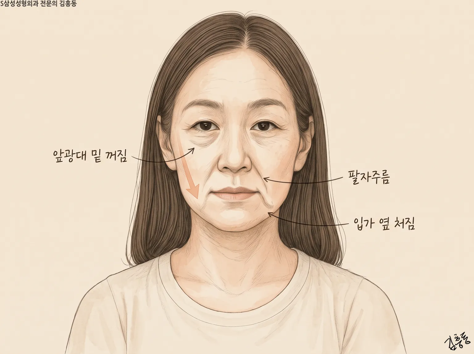 앞광대 밑 꺼짐 · 팔자주름 · 입가 옆 처짐을 표시하고 볼에 아래 화살표를 그린 정면 얼굴 그림
