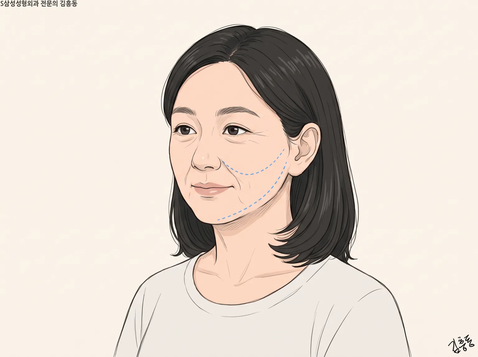 코 옆에서 볼을 지나 턱선까지 파란 점선으로 두른 비스듬한 여성 얼굴 그림