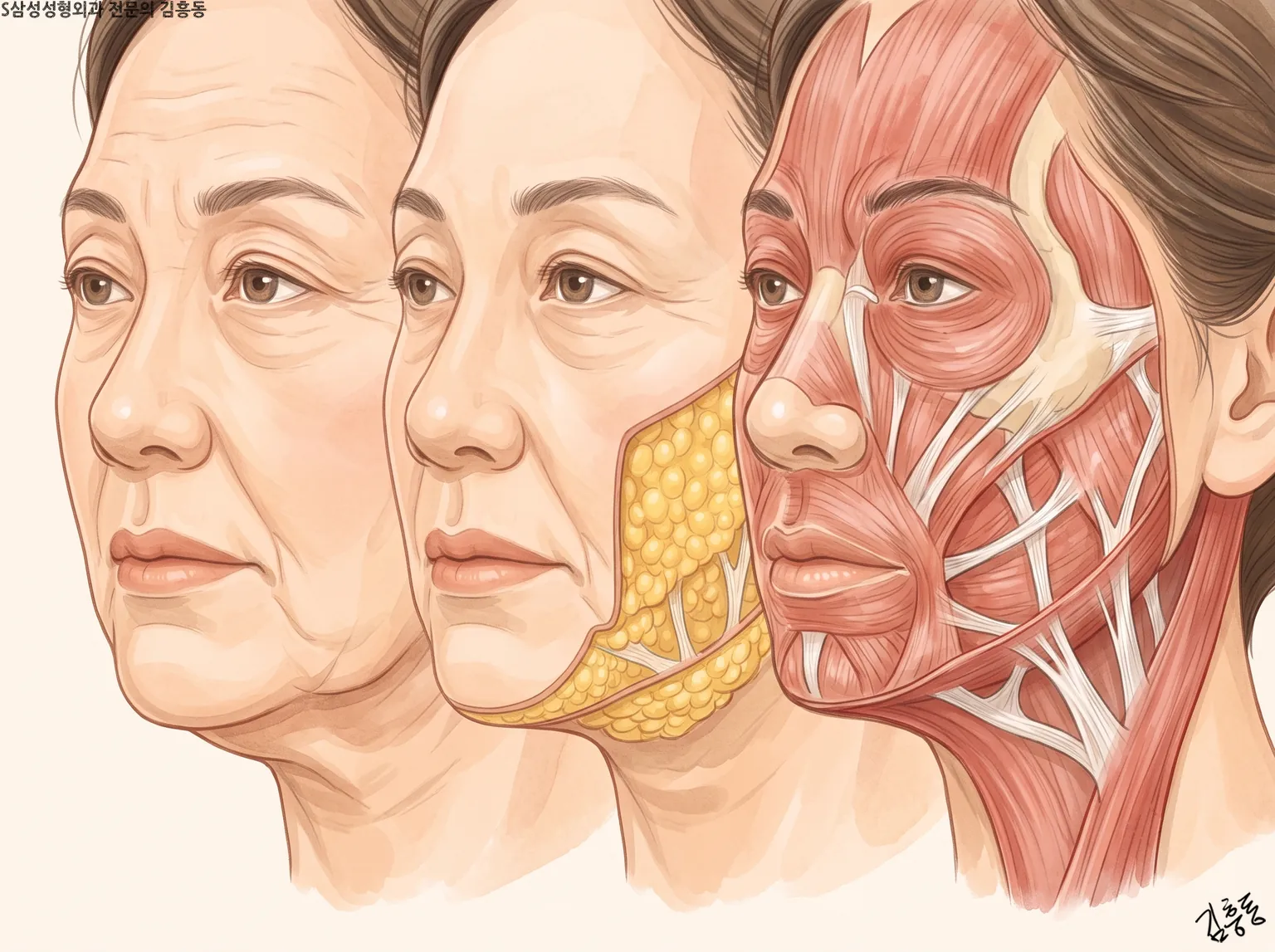 피부 얼굴, 볼의 노란 지방이 드러난 얼굴, 근육과 흰 띠가 드러난 얼굴 셋을 겹친 그림