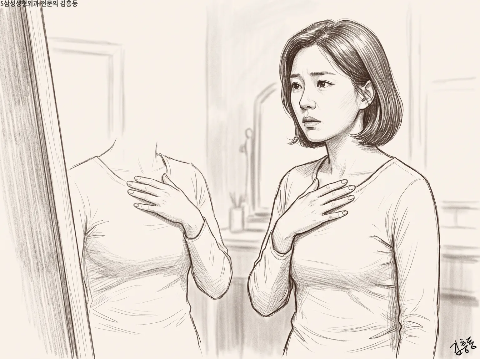 거울 앞에서 가슴 위에 손을 얹고 생각에 잠긴 여성