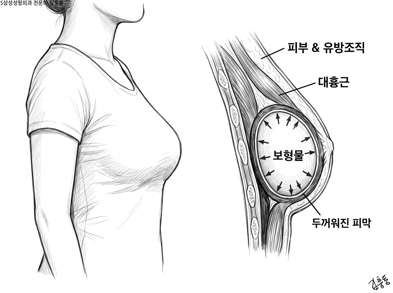 피부 유방조직 대흉근 아래 보형물을 감싼 피막이 두꺼워져 사방에서 조이는 가슴 단면