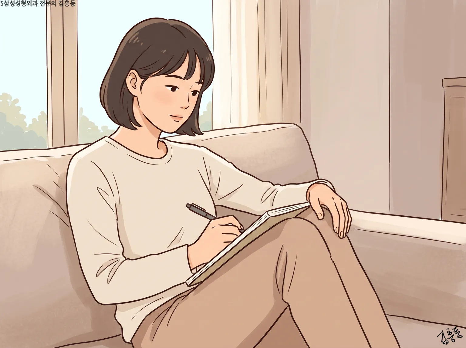 창가 소파에서 수첩에 느낌을 적는 여성
