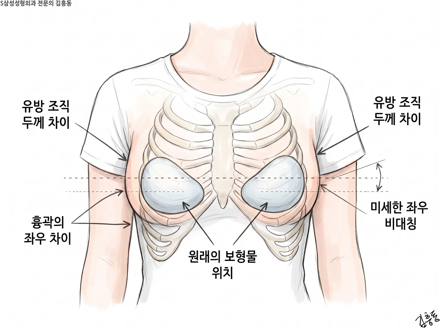 좌우가 조금 다른 흉곽 위에 놓인 두 보형물을 정면에서 본 그림