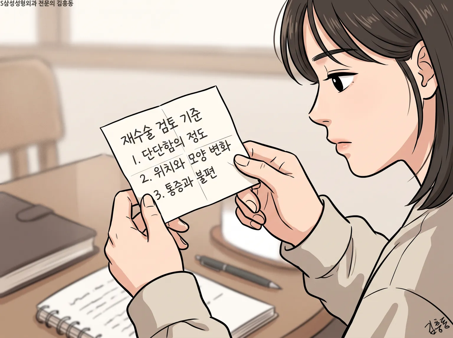 단단함 위치와 모양 통증 세 가지를 적은 쪽지를 든 손