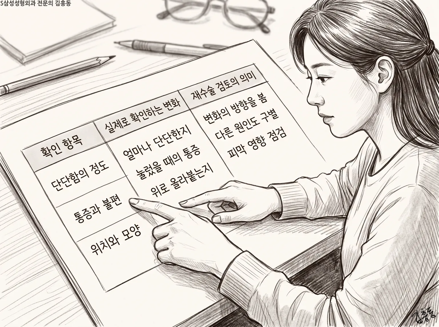 세 칸으로 나뉜 확인표를 손가락으로 하나씩 짚는 모습