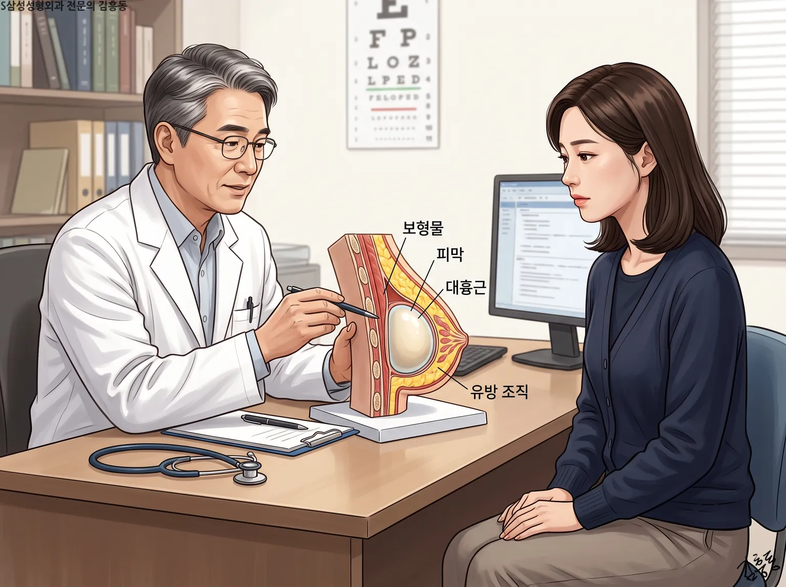 진찰실에서 의사가 가슴 모형을 놓고 설명하는 장면