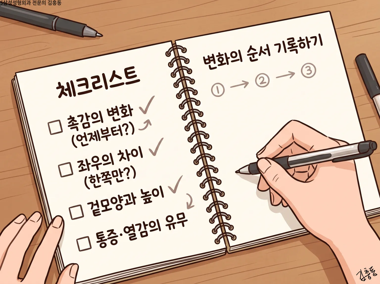 책상 위에 아무것도 적지 않은 빈 수첩을 펴고 펜을 든 손