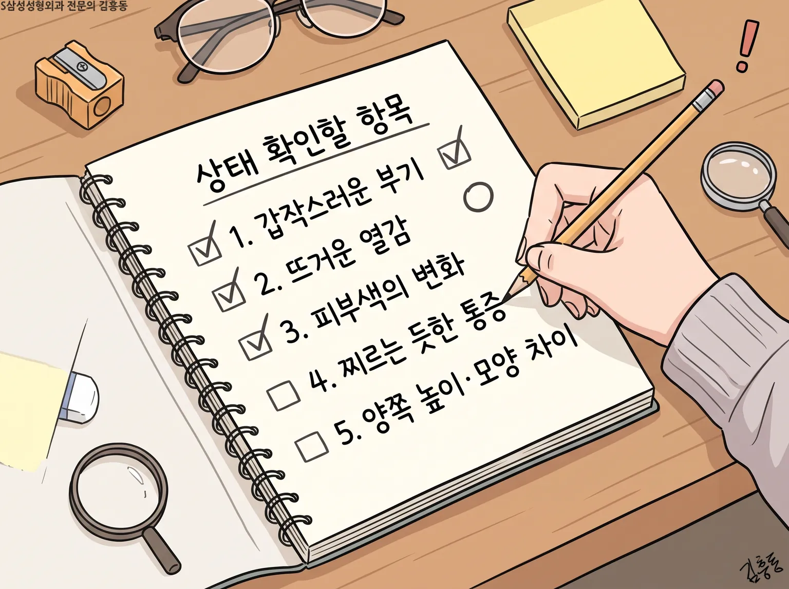 확인할 항목 다섯 줄이 적힌 수첩과 연필