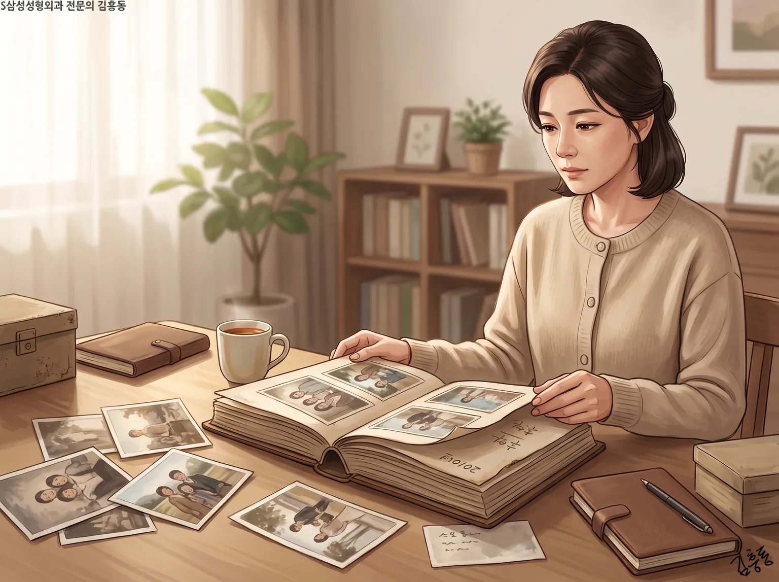 오래된 사진첩을 넘기며 지난 시간을 돌아보는 여성