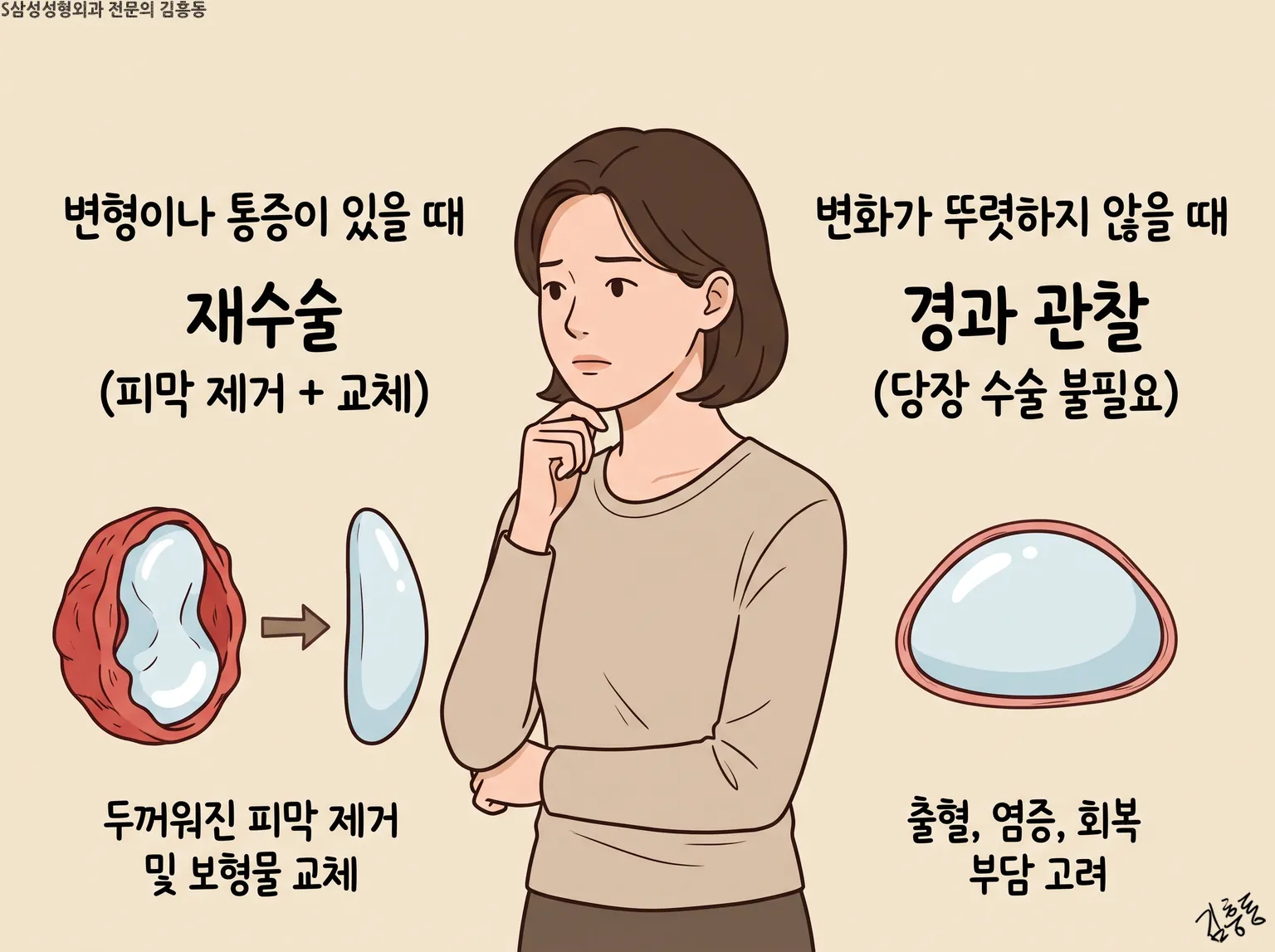 두꺼운 막에 싸인 보형물과 얇은 막에 싸인 새 보형물을 단순한 도형으로 나타낸 그림, 수술 도구 없이