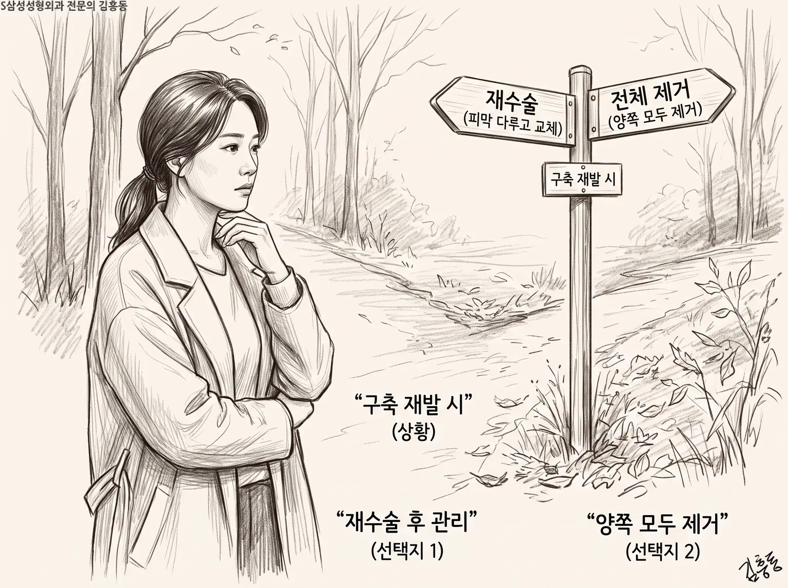 갈림길 표지판 앞에서 생각에 잠긴 여성