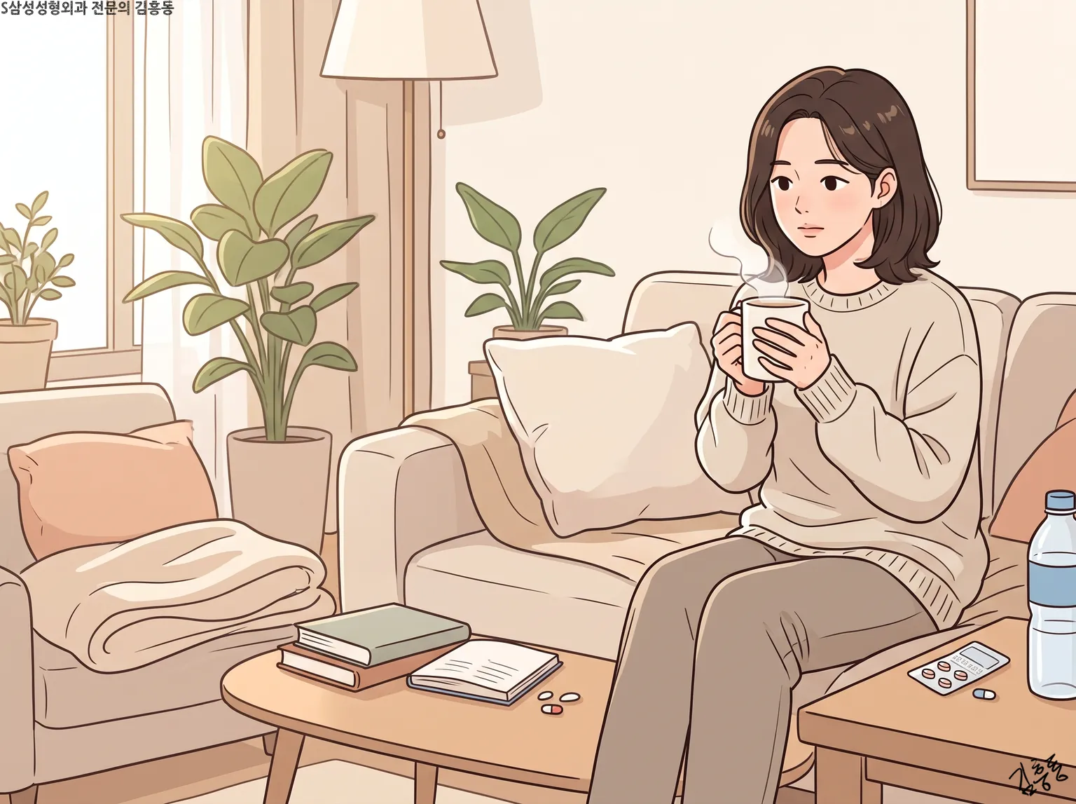 따뜻한 차를 들고 소파에서 쉬는 여성