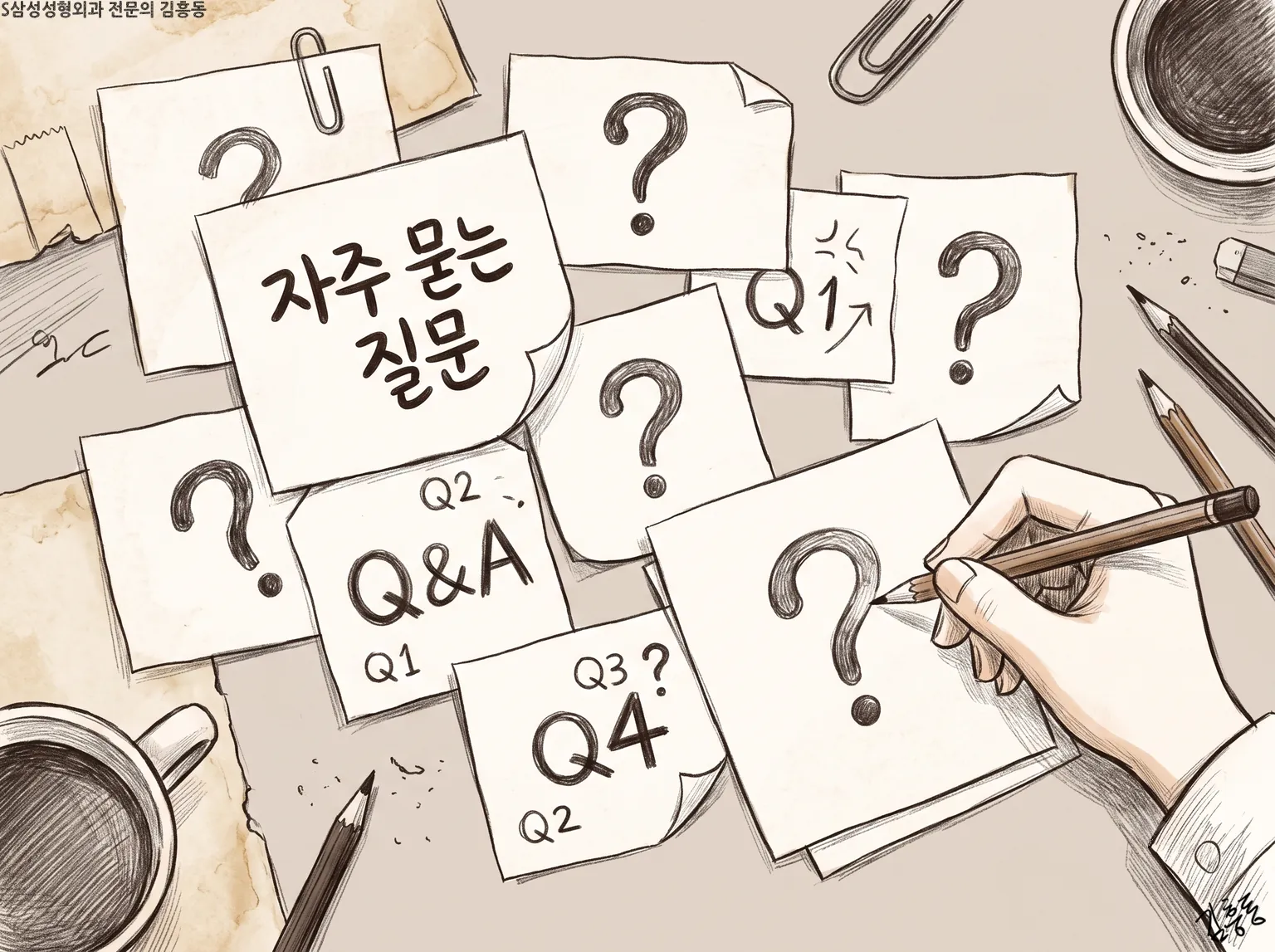 물음표 하나씩만 그려진 쪽지 여러 장이 놓인 책상
