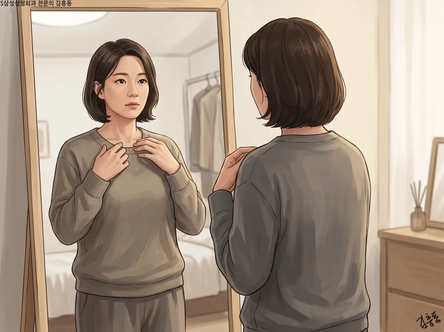 거울 앞에서 옷매무새를 고르며 차분히 살펴보는 여성