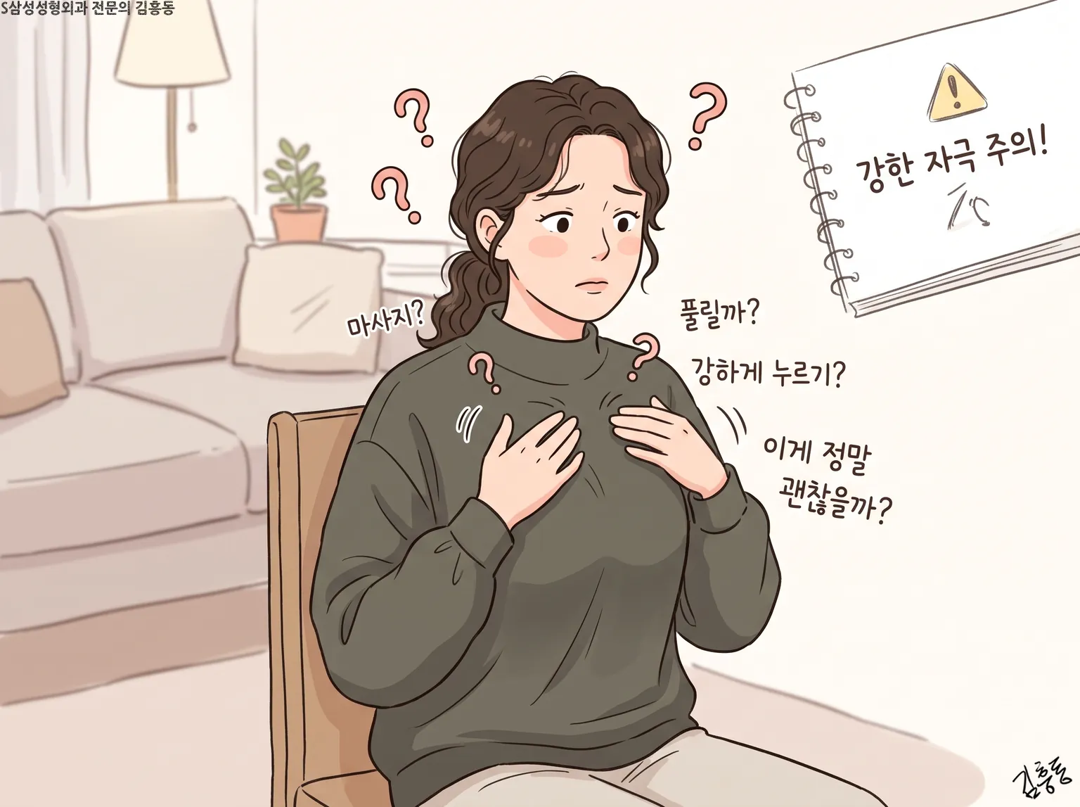 마사지하려는 손과 그 위에 떠 있는 물음표