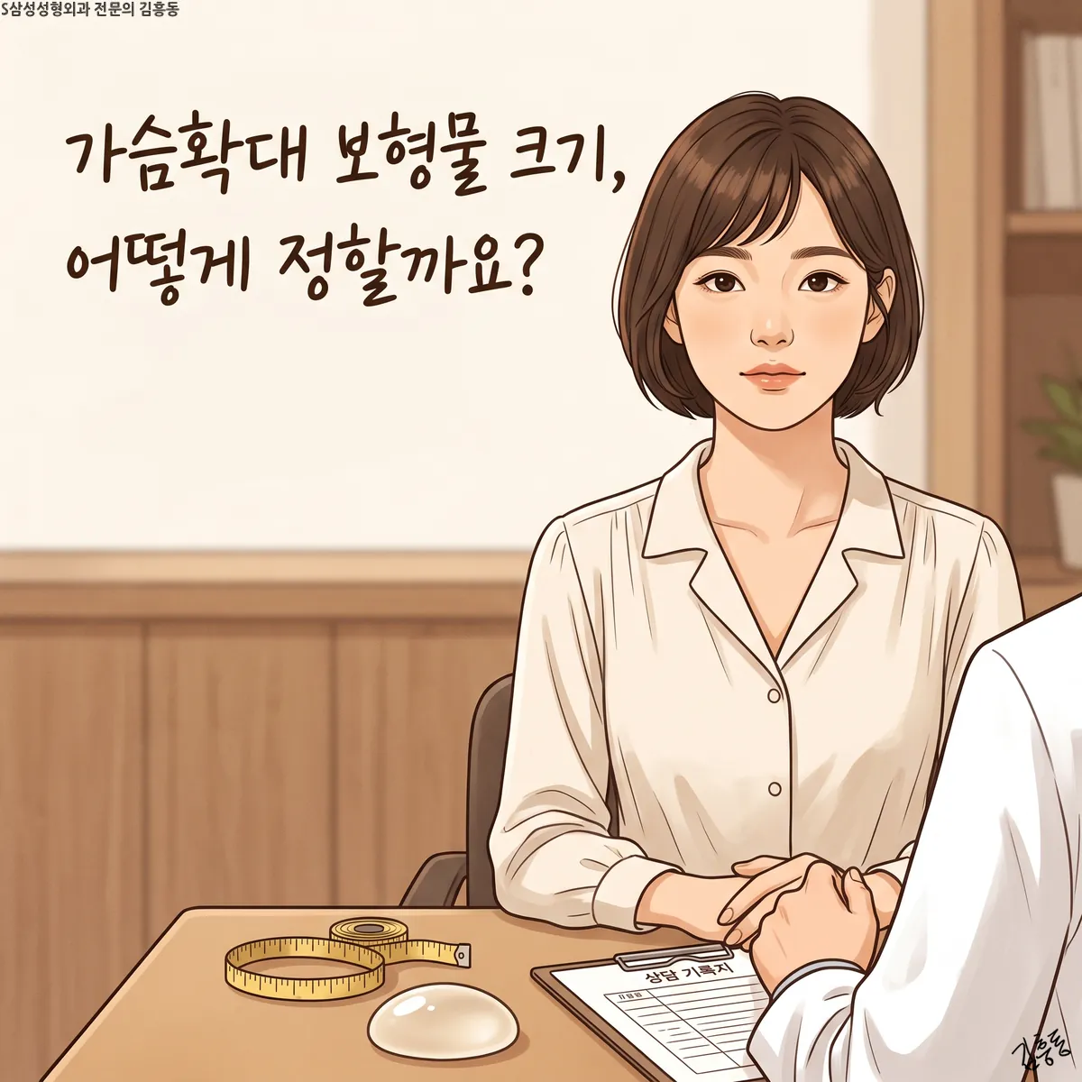 「가슴확대 보형물 크기, 어떻게 정할까요?」라는 제목이 적힌, 줄자와 보형물이 놓인 책상 앞의 여성 그림