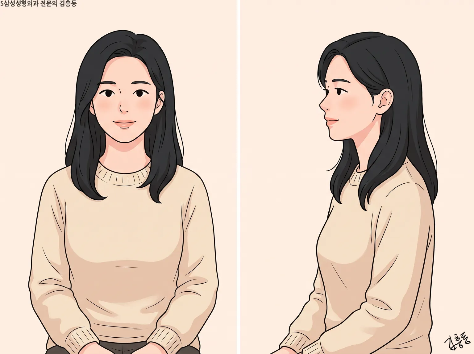 스웨터를 입은 긴 머리 여성의 상반신을 정면과 옆에서 나란히 그린 그림