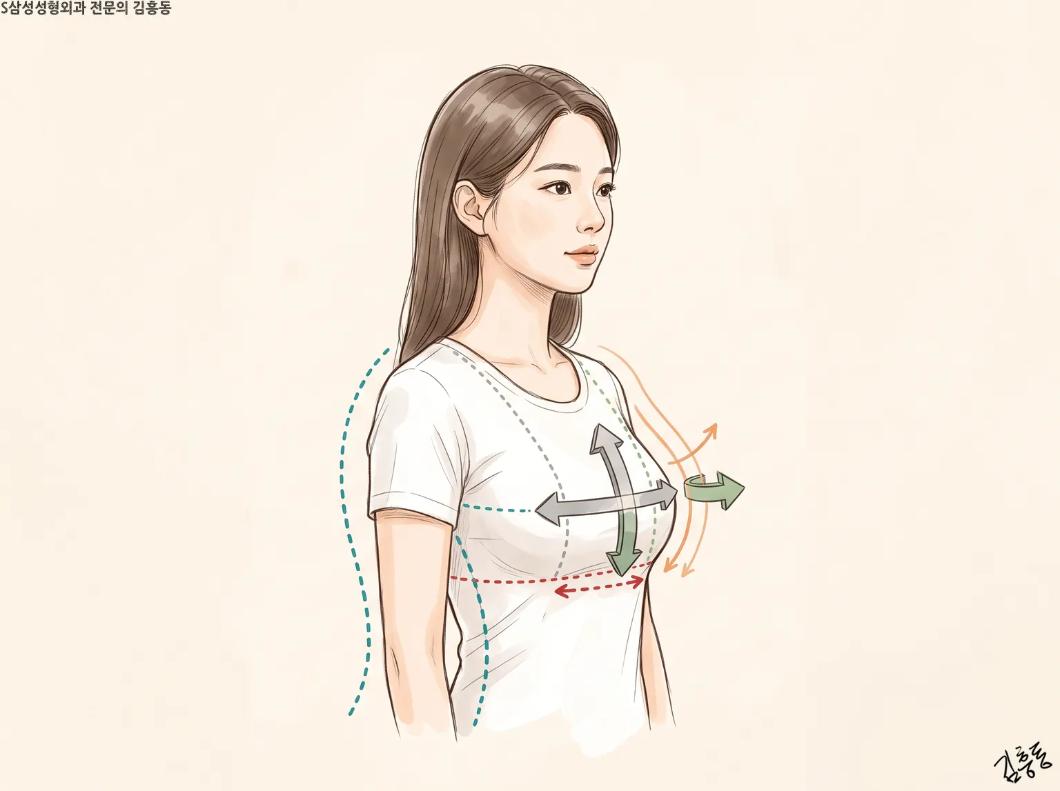 흰 티셔츠를 입은 여성의 상반신에 가슴 둘레의 점선과 여러 방향 화살표를 그린 그림