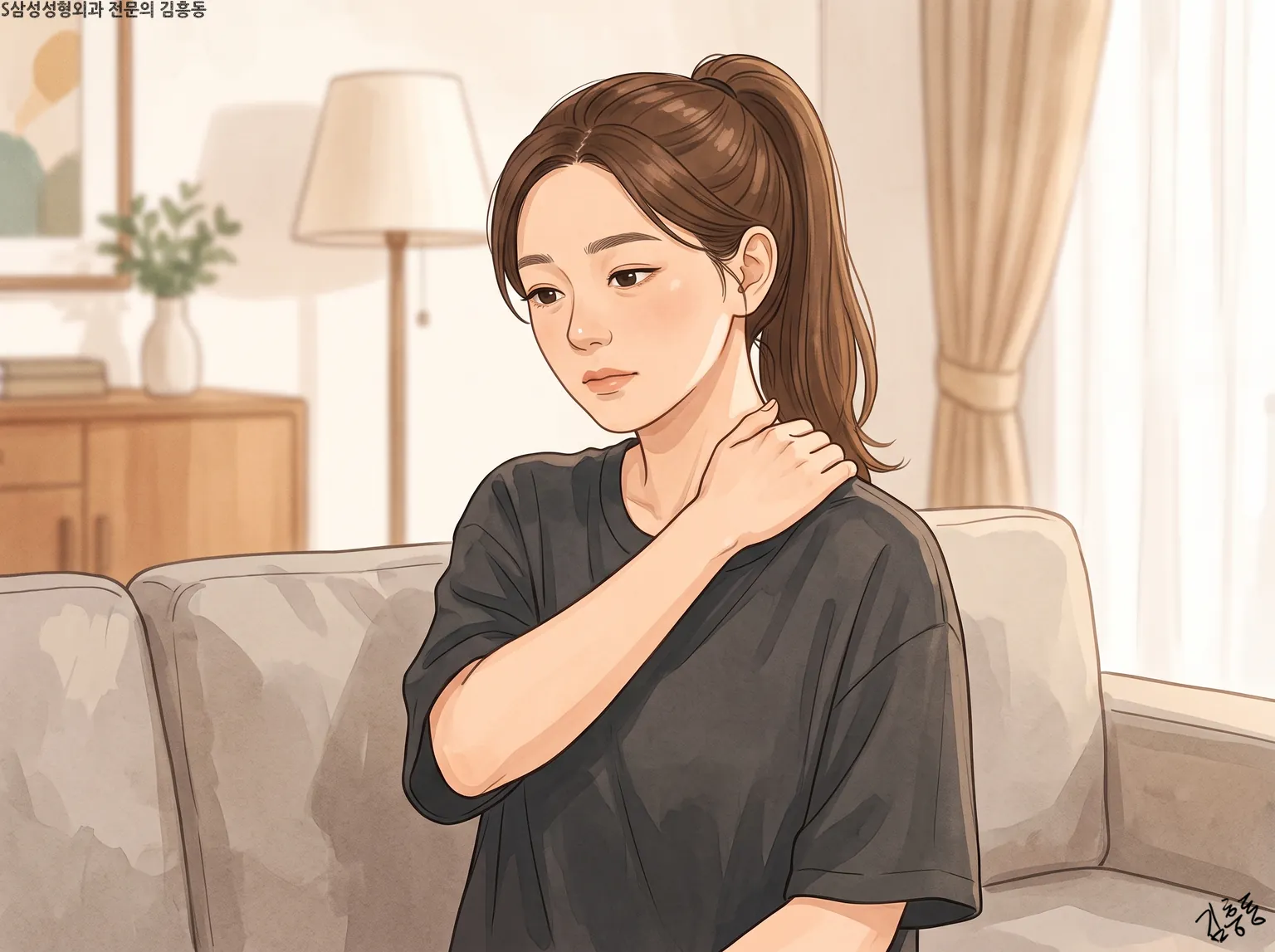 거실 소파에 앉아 한 손으로 자기 어깨를 주무르는 포니테일 여성의 모습