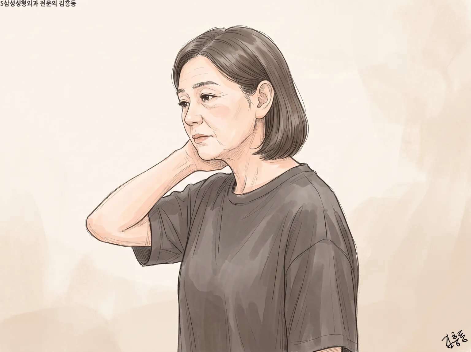 짙은 티셔츠 차림의 단발 중년 여성이 옆을 향해 서서 뒷목을 짚은 모습