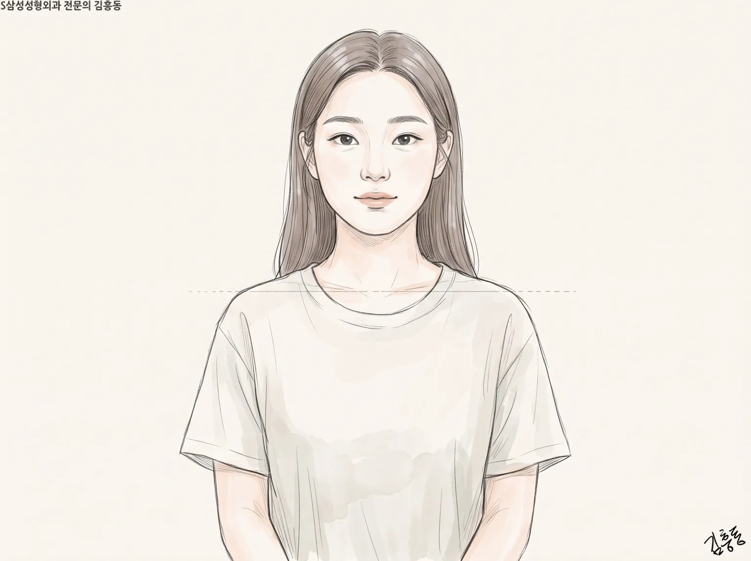 긴 생머리 여성의 정면 상반신에 양쪽 어깨 높이를 잇는 가로 점선을 둔 그림