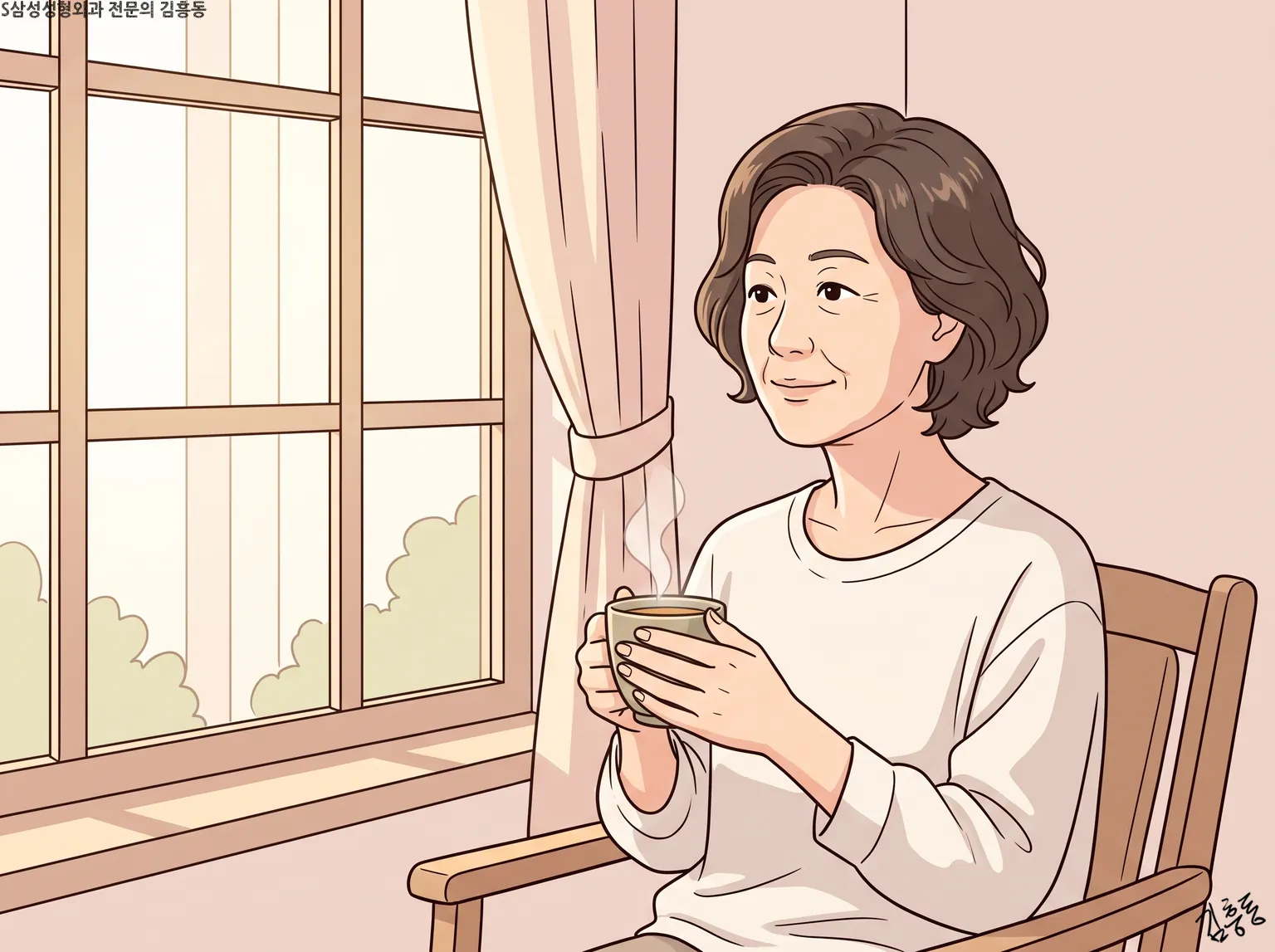 창가 의자에 앉아 김이 나는 찻잔을 두 손으로 쥐고 쉬는 파마머리 여성의 모습