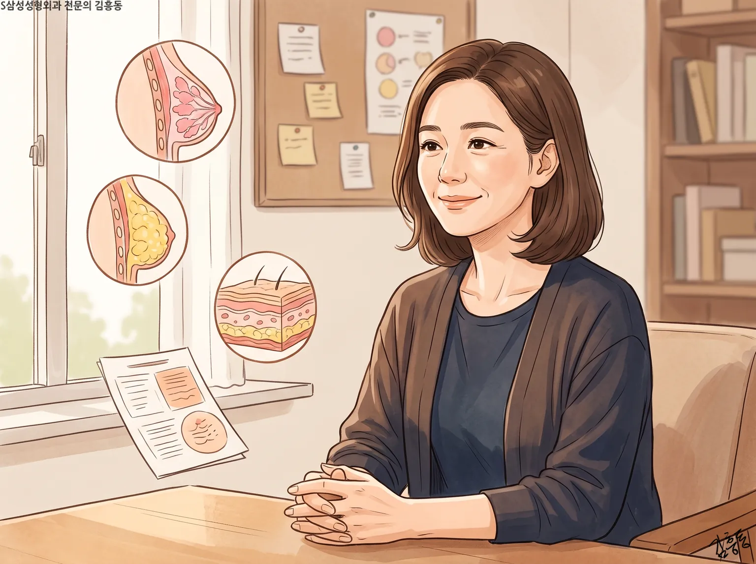 가슴 단면과 피부층 동그라미 그림 곁에서 책상에 손을 모으고 앉은 여성의 모습