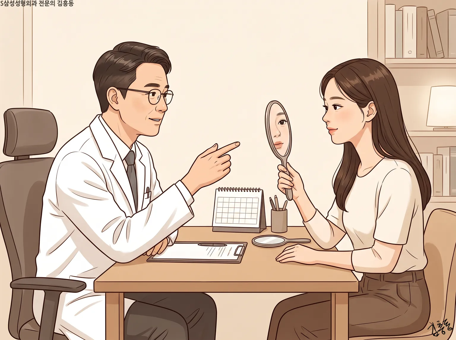 진료실에서 거울을 보며 상담하는 모습