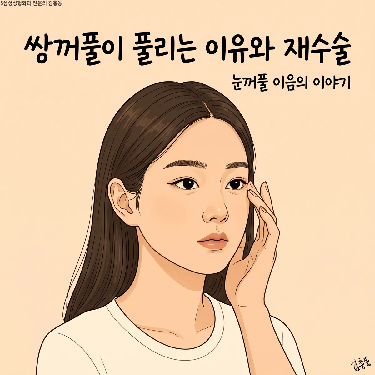 「쌍꺼풀이 풀리는 이유와 재수술」이라는 제목이 적힌, 눈가에 손끝을 댄 긴 머리 여성 그림