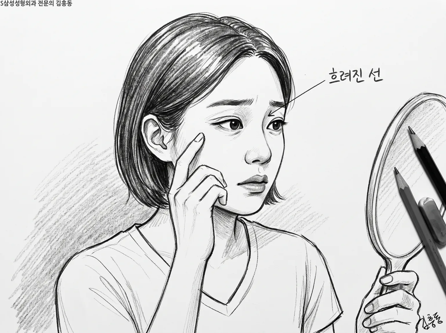 「흐려진 선」 이름표를 단 채 손거울을 보며 눈가를 만지는 단발 여성의 연필 그림