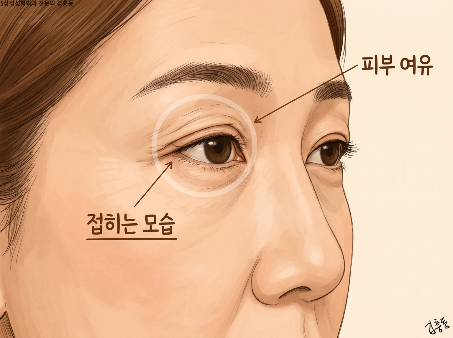 피부 여유 · 접히는 모습 이름표를 단, 윗눈꺼풀이 접히는 자리를 가까이 본 눈 그림