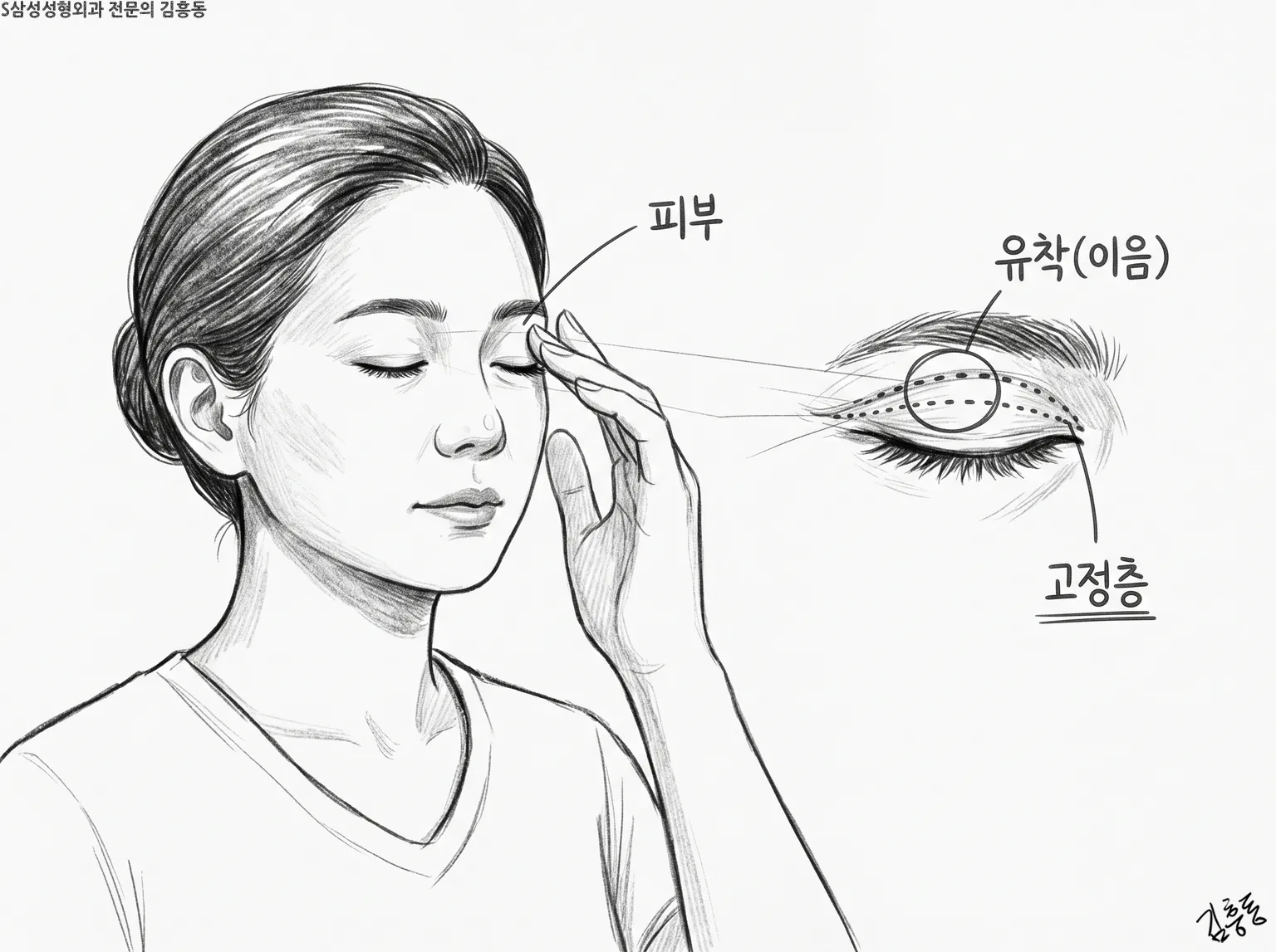 피부 · 유착(이음) · 고정층 이름표를 단, 눈 감은 여성과 눈꺼풀 확대 연필 그림