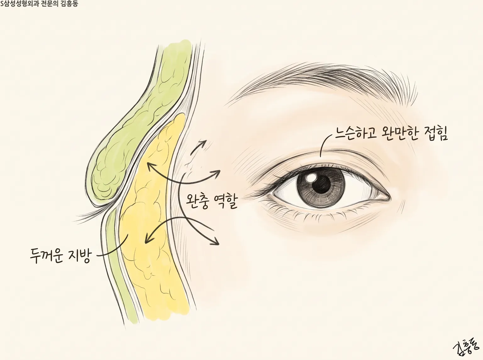 두꺼운 지방 · 완충 역할 · 느슨하고 완만한 접힘 이름표를 단 눈꺼풀 그림