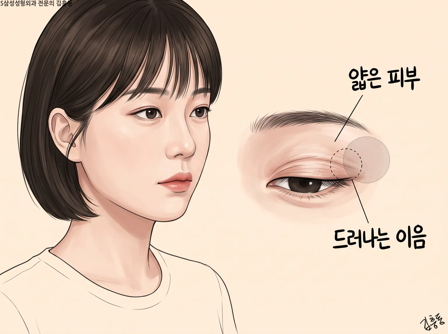 얇은 피부 · 드러나는 이음 이름표를 단, 단발 여성 옆얼굴과 눈꺼풀 확대 그림