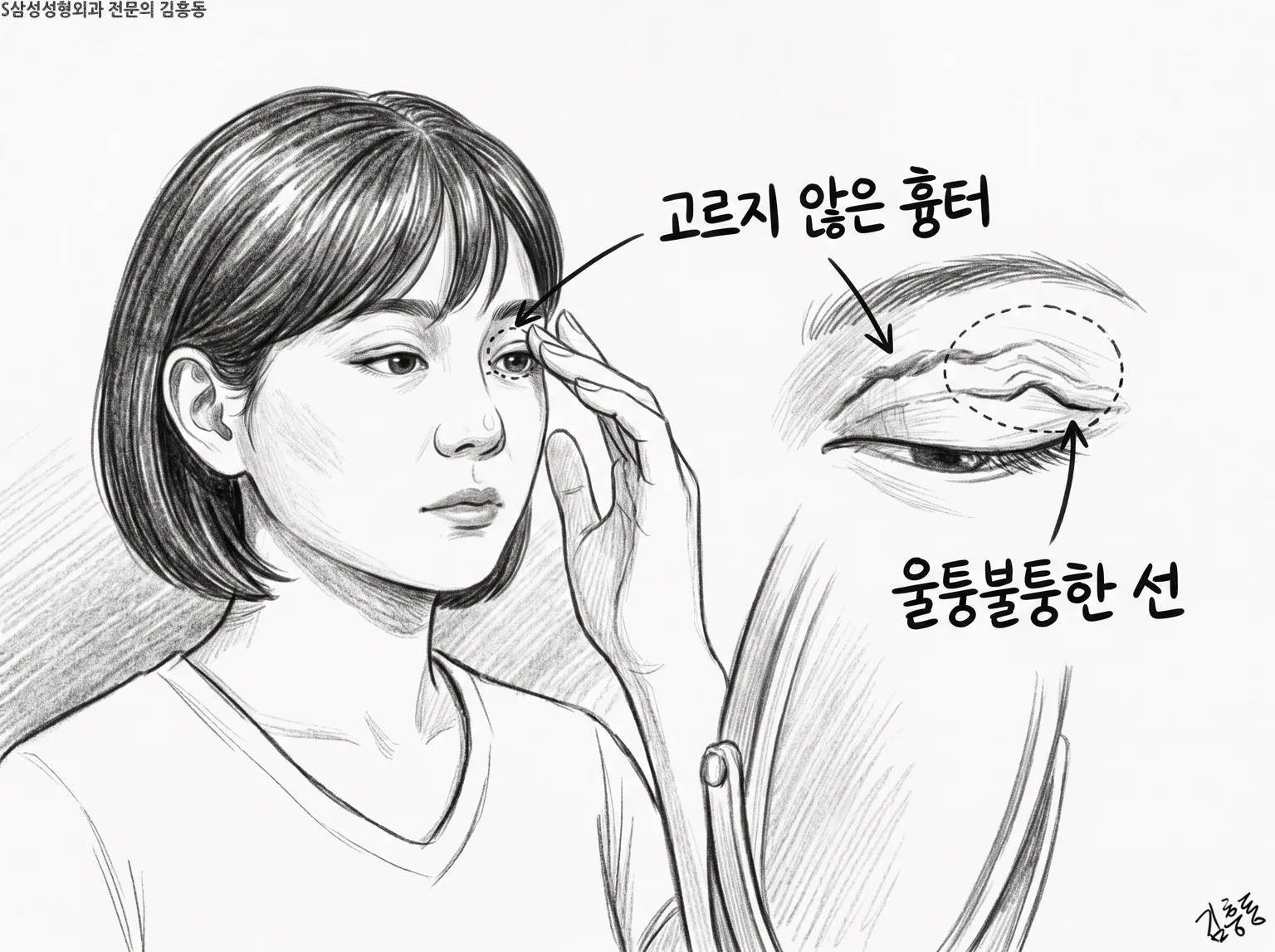 고르지 않은 흉터 · 울퉁불퉁한 선 이름표를 단, 거울 앞 단발 여성 연필 그림