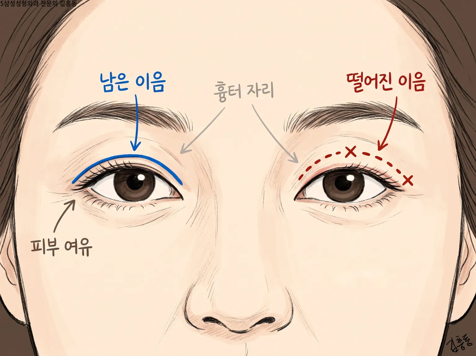 남은 이음 · 떨어진 이음 · 흉터 자리 · 피부 여유 이름표를 단 두 눈 그림