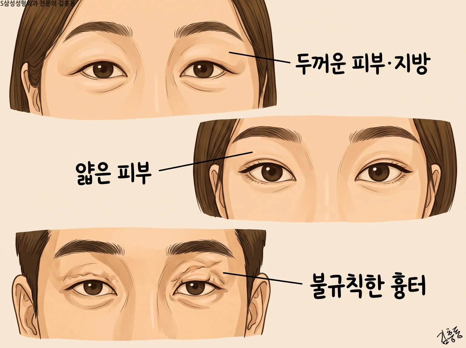 두꺼운 피부·지방, 얇은 피부, 불규칙한 흉터 이름표를 단 세 사람의 눈 그림