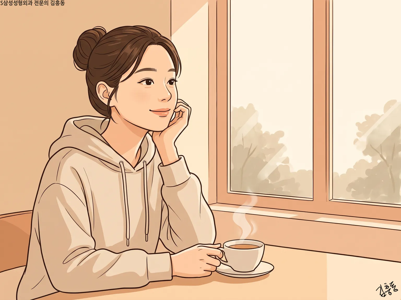 창가 탁자에서 찻잔을 앞에 두고 턱을 괸 채 바깥을 보는 여성의 모습