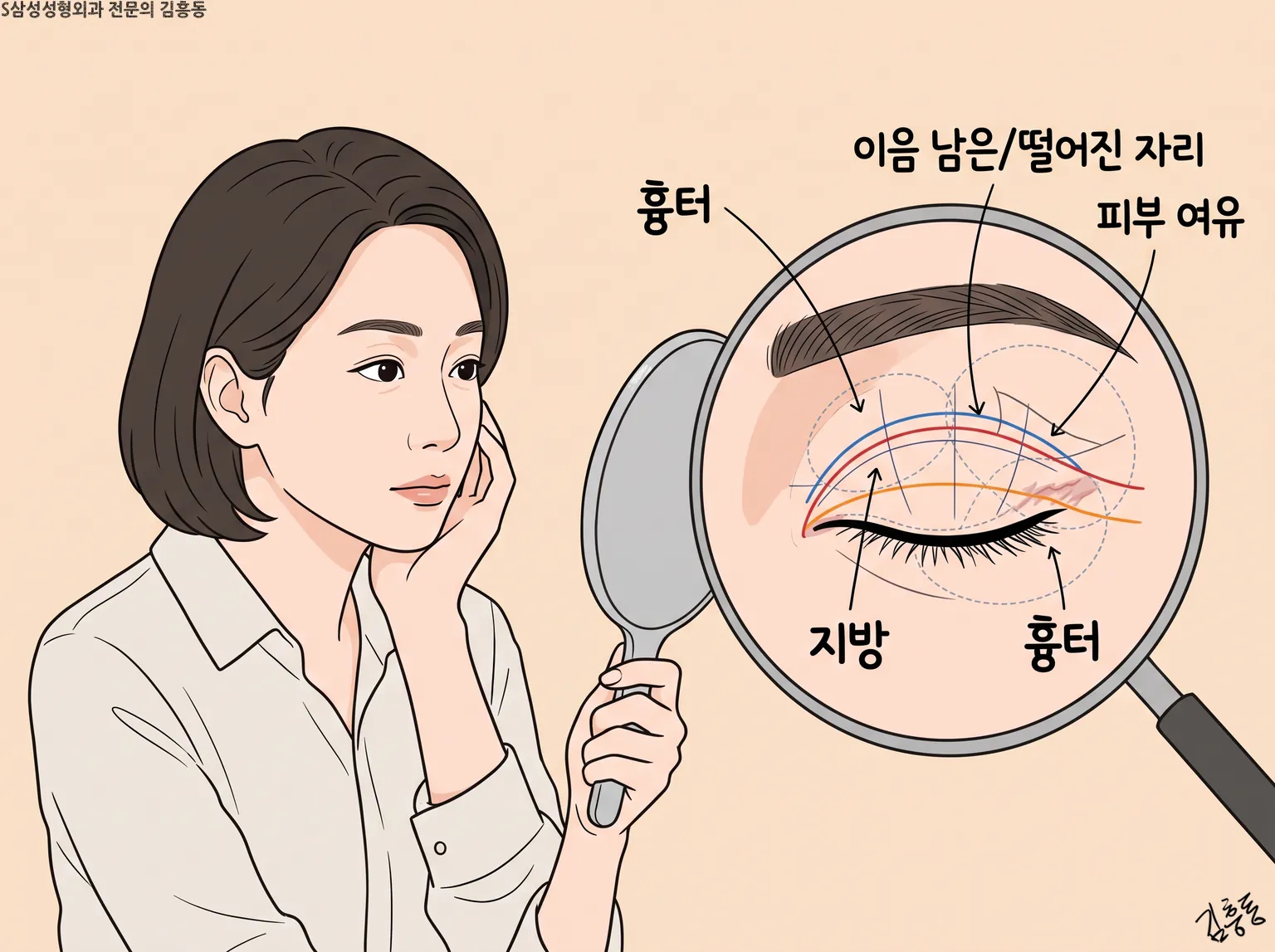 흉터 · 이음 남은/떨어진 자리 · 피부 여유 · 지방 이름표를 단 눈꺼풀 확대경 그림